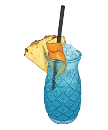 Cóctel azul en copa con forma de piña, decorado con rodaja de piña y cáscara de naranja, pajita.