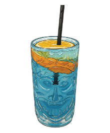 Cóctel en vaso tiki azul con rodaja de naranja y pajita.