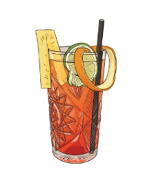 Cóctel en copa alta estampada, adornado con piña, lima y cáscara de naranja; paja negra.