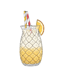 Vaso con forma de piña con bebida amarilla, dos pajitas y rodaja de naranja.