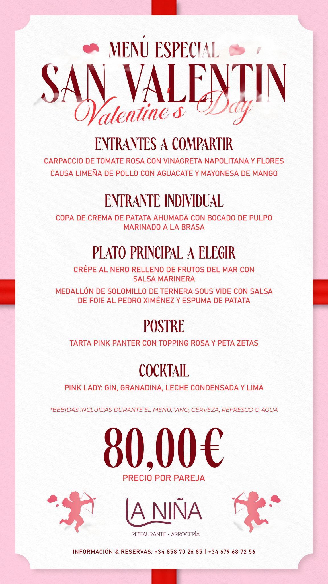 Menú de San Valentín con fondo rosa, texto en español y precio de 80 euros.