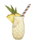 Cóctel de piña en copa con forma de piña, guarnición de gajo de piña, pajita rayada.