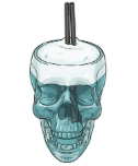 Copa de cóctel con forma de calavera, llena de líquido azul y cubierta con espuma blanca, con pajitas negras.
