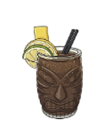 Cóctel estilo tiki en copa tallada de color marrón, adornado con rodajas de limón y lima y una pajita.