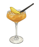 Cóctel en copa de tallo con rodaja de mango y pajita negra.
