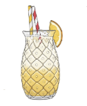 Cóctel en copa con forma de piña con pajita y rodaja de naranja, colores amarillo y blanco.