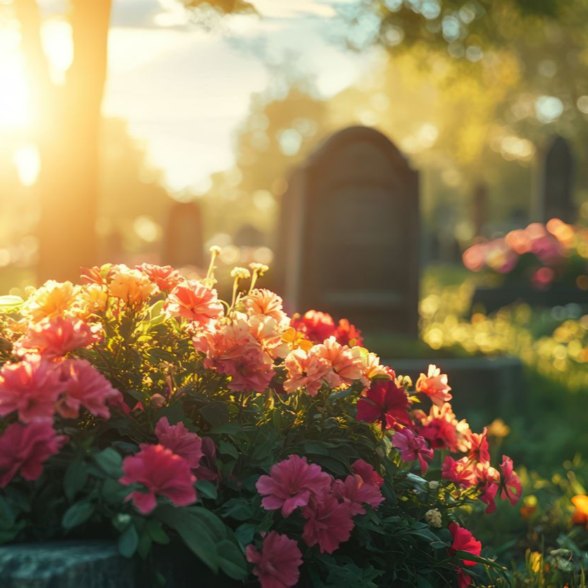 Des fleurs d'un rose et d'un orange éclatants s'épanouissent au premier plan d'un cimetière, baignées par la douce lumière dorée du crépuscule.