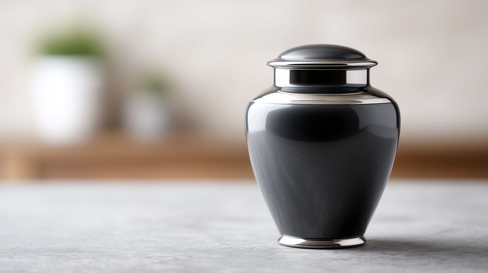 Une urne funéraire gris foncé brillant, ornée de bordures argentées, repose sur une surface gris clair, devant un fond intérieur flou et doux.