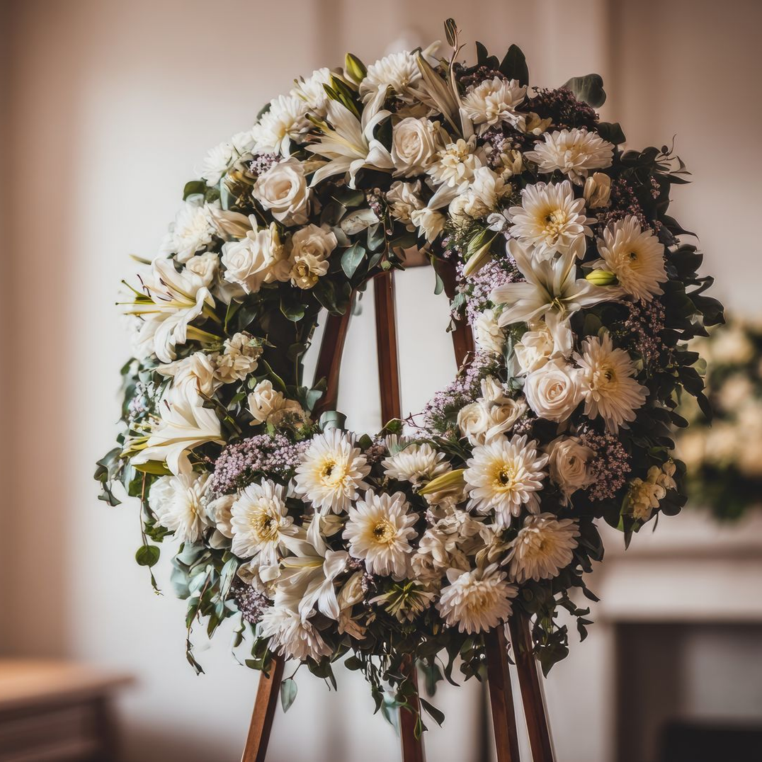 Une grande couronne funéraire circulaire composée de lys blancs, de roses et de chrysanthèmes, posée sur un chevalet en bois dans une pièce à la lumière tamisée.