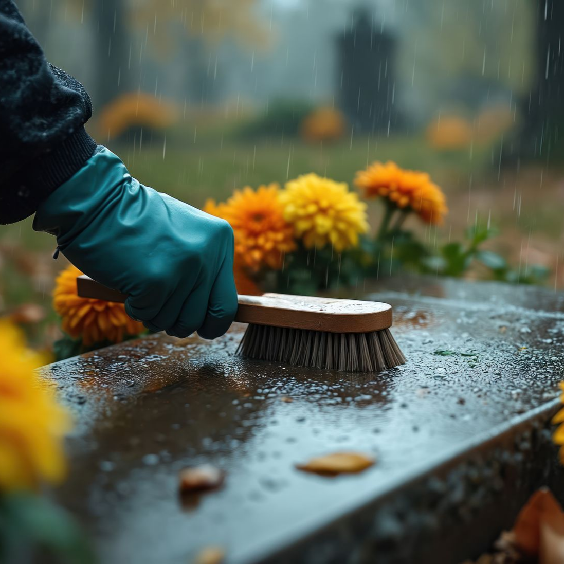 Sous la pluie, une main gantée nettoie à l'aide d'une brosse en bois une pierre tombale mouillée dans un cimetière entouré de chrysanthèmes jaunes.