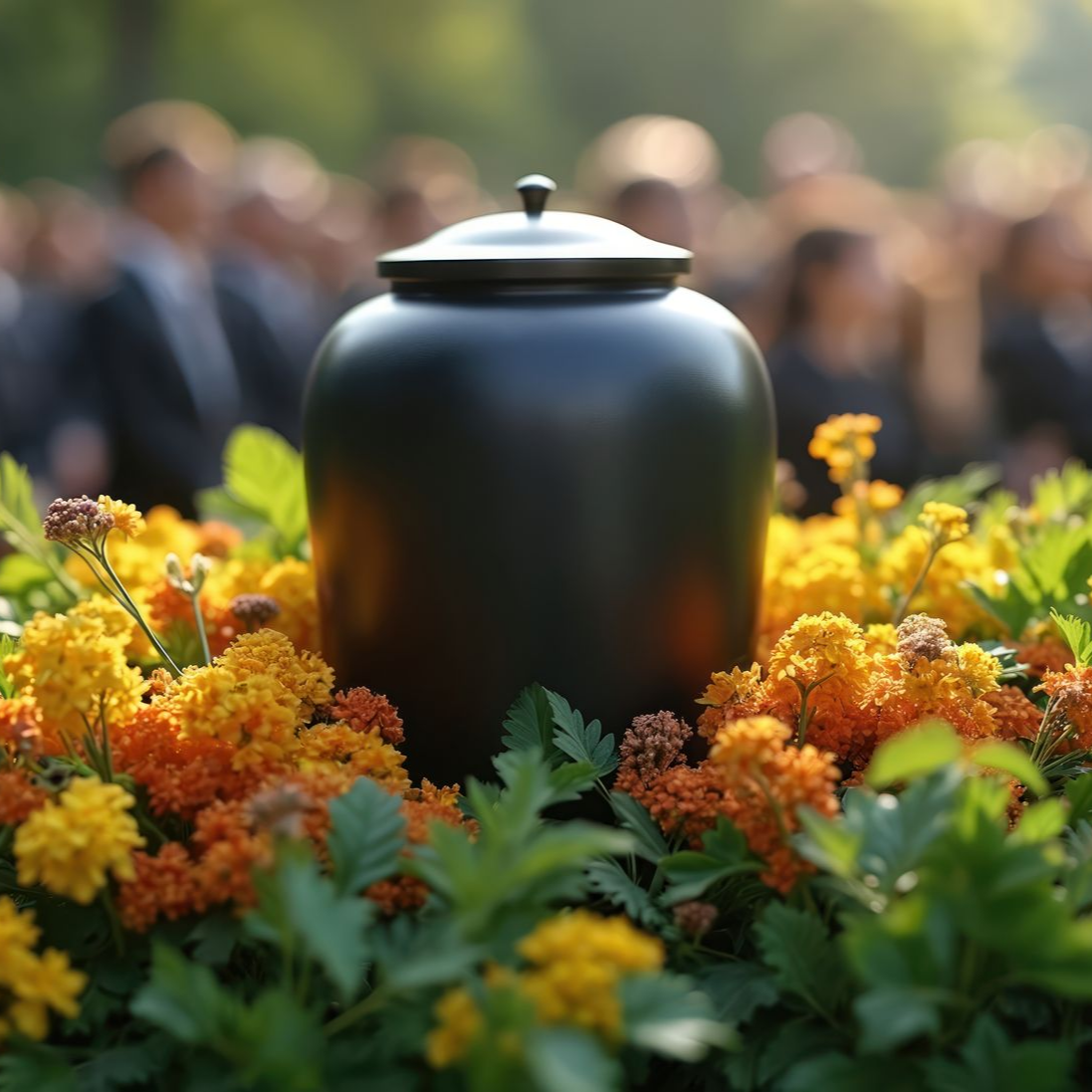 Une urne funéraire noire repose au milieu de fleurs orange vif et jaunes, avec un rassemblement extérieur flou en arrière-plan.