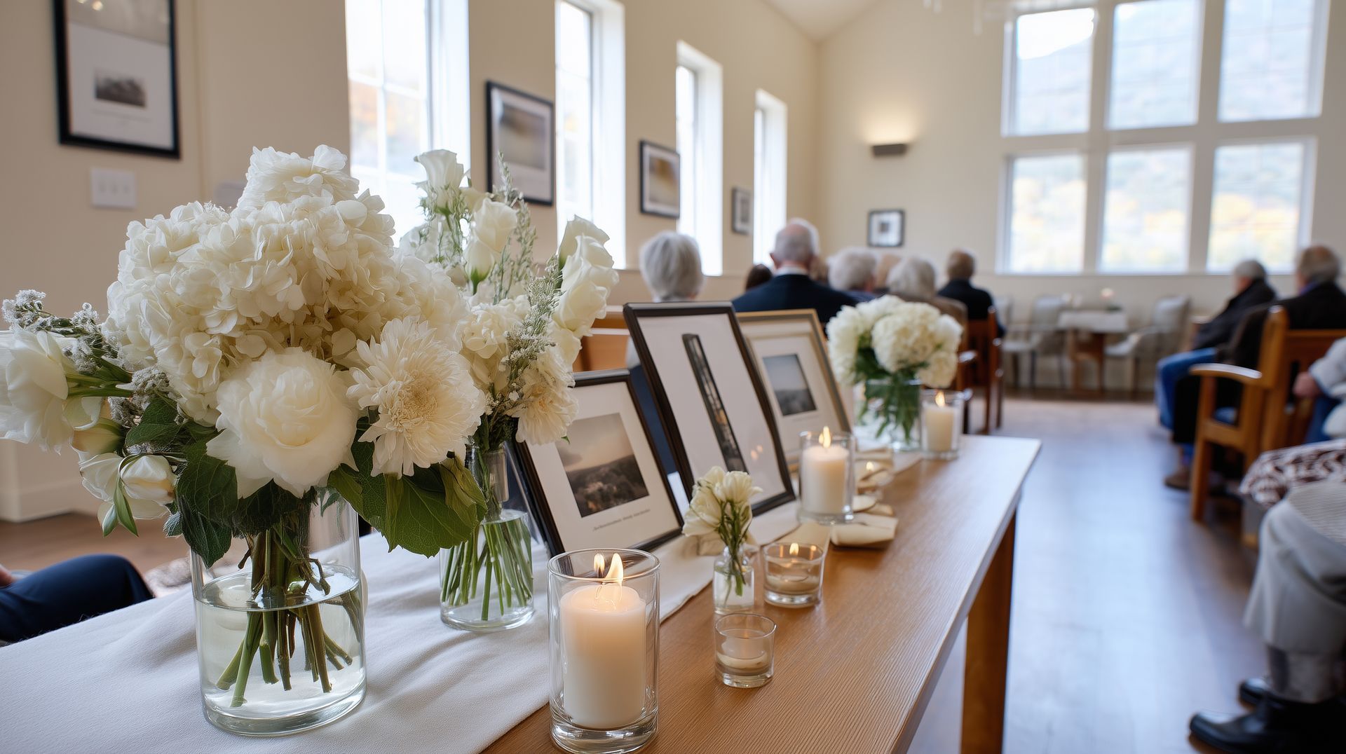 Un mémorial composé de fleurs blanches, de photos encadrées et de bougies sur une table dans une pièce lumineuse où des personnes sont assises.
