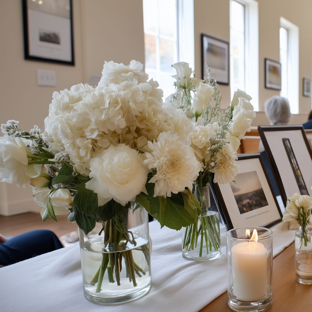 Des compositions florales composées de fleurs blanches, une bougie allumée et des photos encadrées sont disposées sur une table dans une pièce lumineuse.