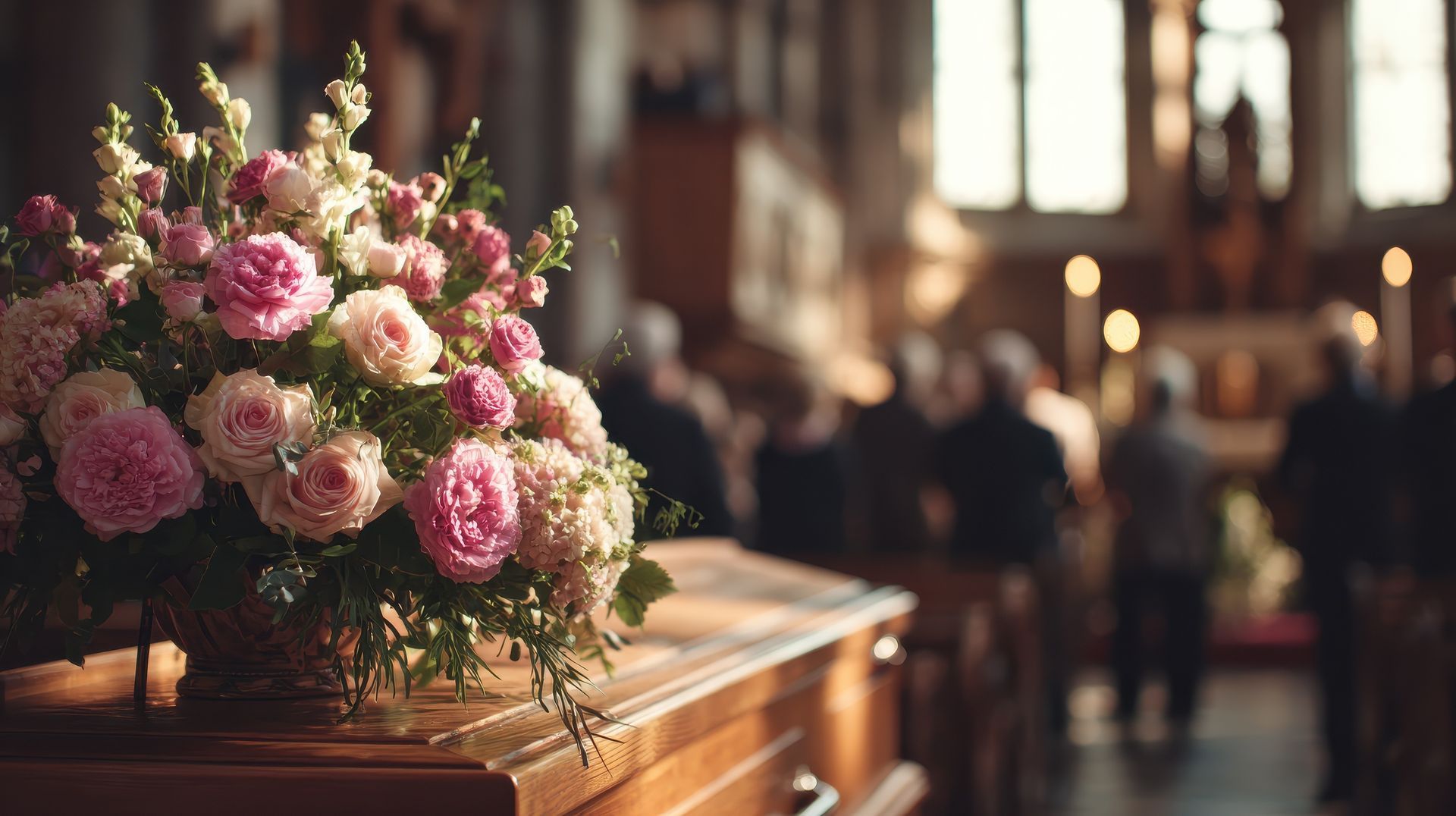 Un bouquet de fleurs roses et blanches repose sur un cercueil en bois dans une église à la lumière tamisée, avec des silhouettes floues en arrière-plan.