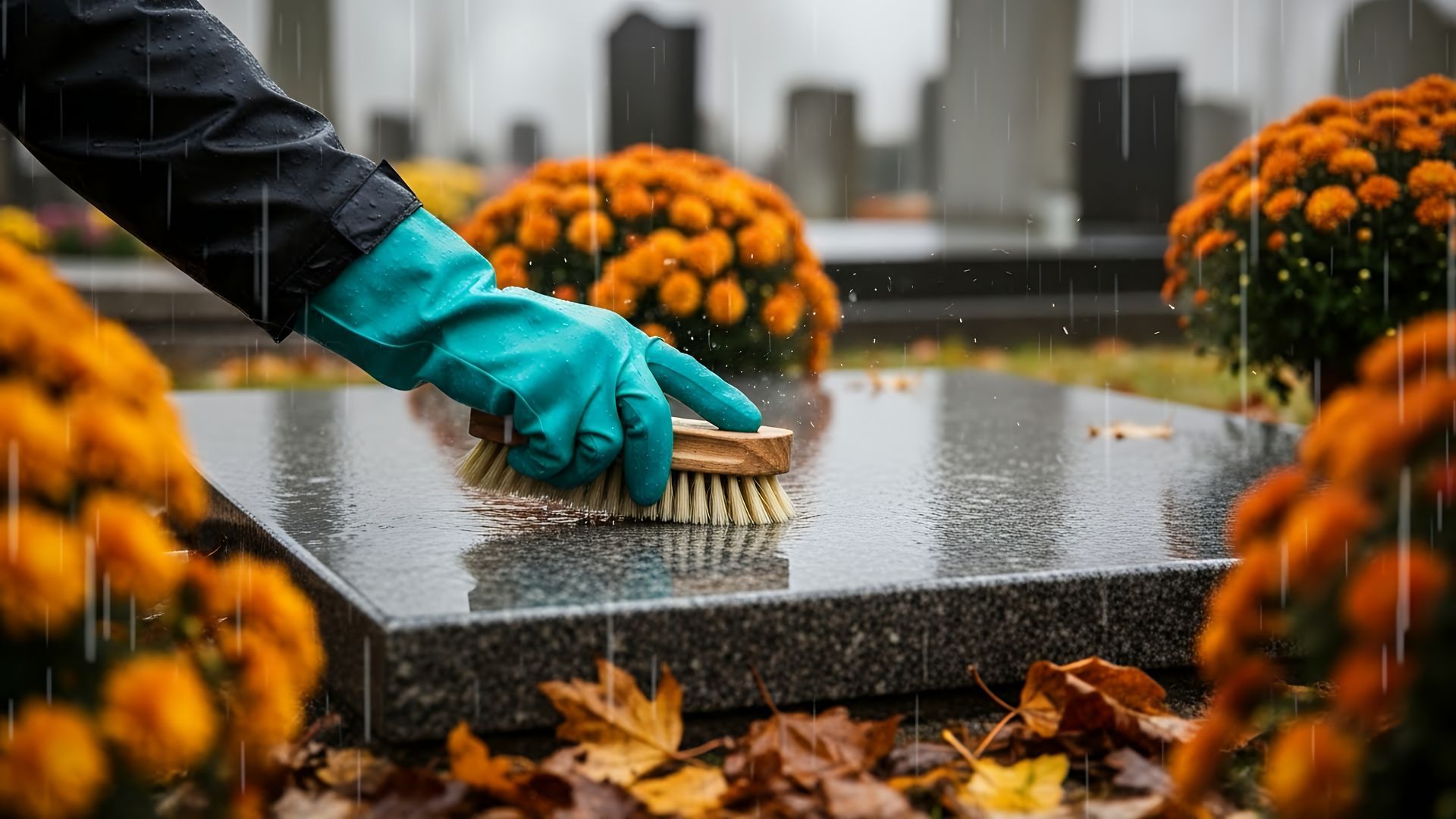 Une main gantée frotte une pierre tombale en granit poli et humide dans un cimetière rempli de fleurs orange, par une journée pluvieuse.