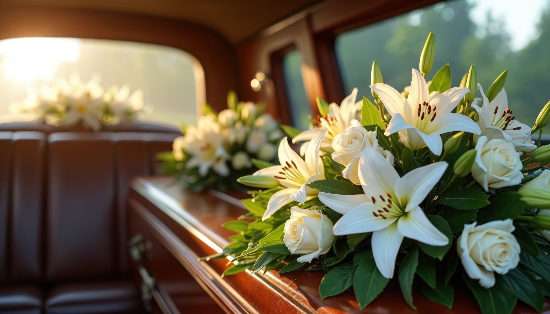 Un cercueil en bois poli dans un corbillard, orné au premier plan d'un grand arrangement de lys et de roses blanches.