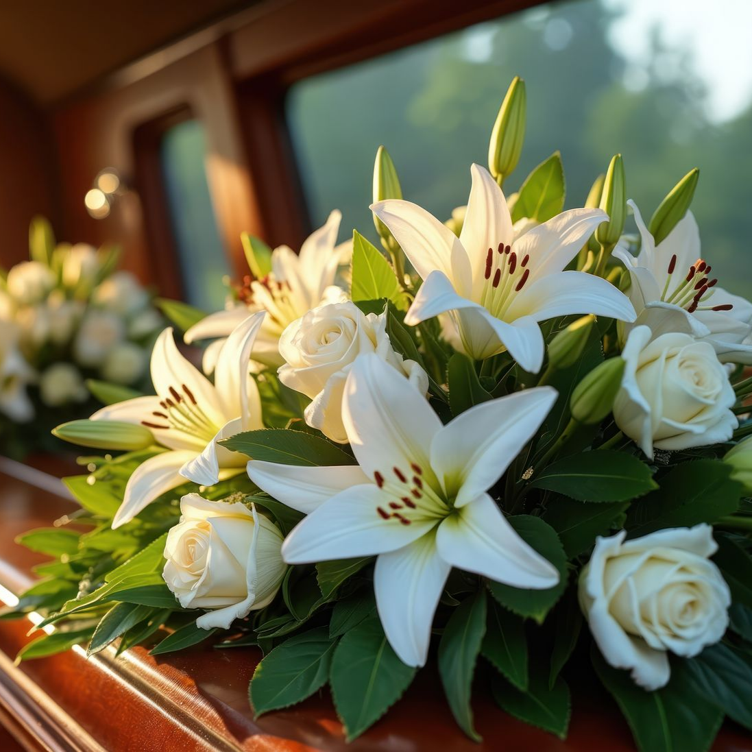 Gros plan sur des lys blancs et des roses disposés en hommage floral sur un cercueil en bois poli, baignés d'une douce lumière chaude.