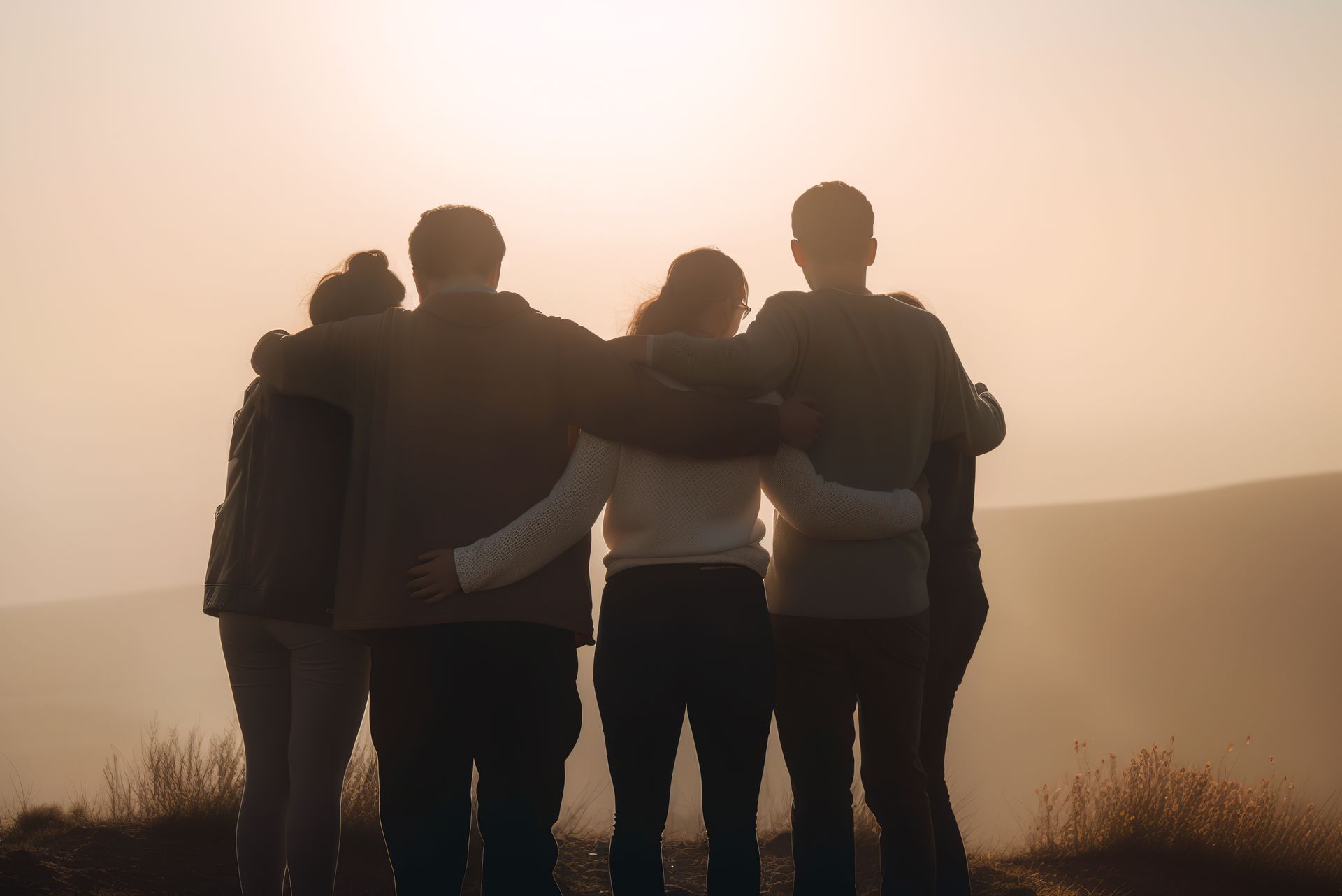 Un groupe de personnes alignées, bras dessus bras dessous, se détachant en silhouette sur un ciel lumineux et brumeux au coucher du soleil.