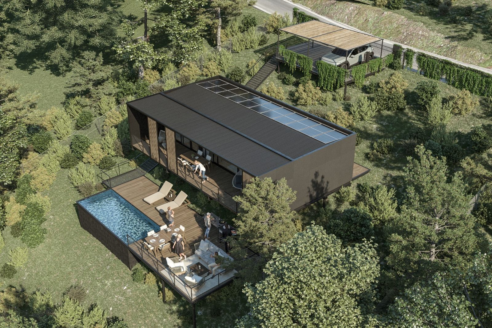 Cabaña moderna con techo oscuro, piscina y deck rodeado de árboles.