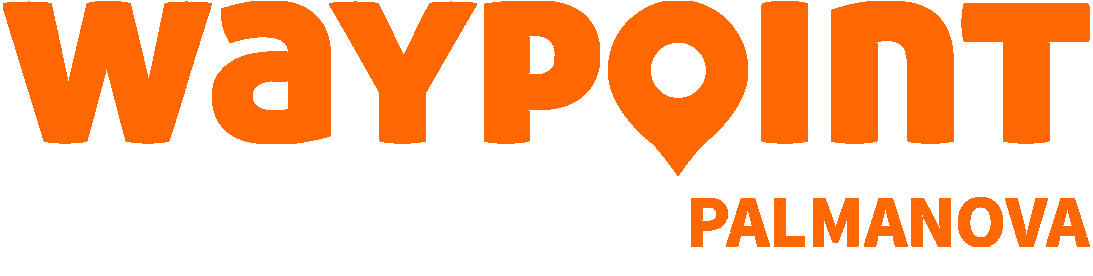 La palabra naranja "WAYPOINT" con un icono de marcador de ubicaci&oacute;n en la "O", seguida de "PALMANOVA".
