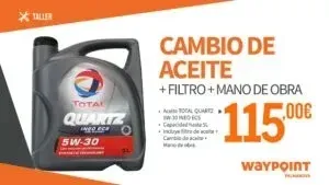 Anuncio de un servicio de cambio de aceite que incluye aceite Total Quartz 5W-30, un filtro nuevo.