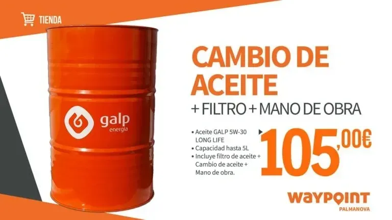 Un folleto promocional de un servicio de cambio de aceite que incluye filtro y mano de obra por 105 €.