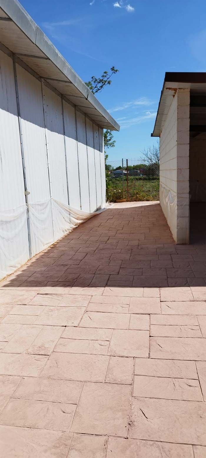 Edificios a ambos lados de una pasarela, cielo azul sobre nuestras cabezas.