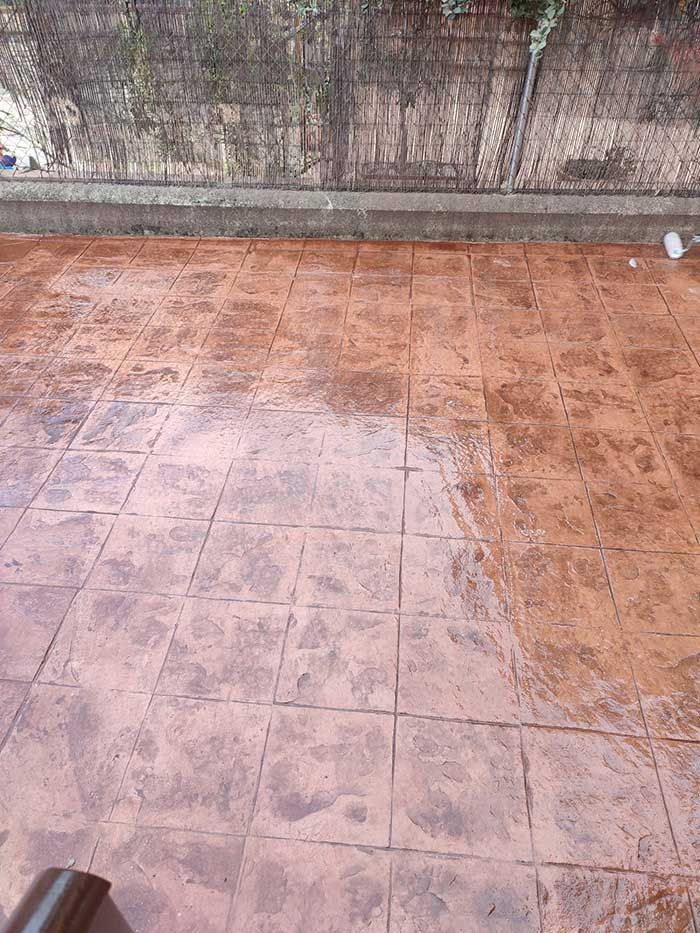 Patio de concreto estampado, color marrón rojizo, mojado por el agua, adosado a un muro cubierto de vegetación.