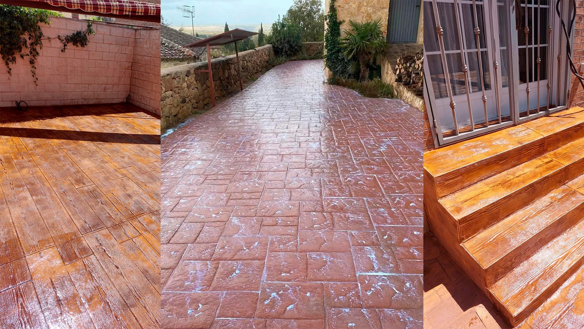 Un collage de tres imágenes de un camino de entrada y escaleras.