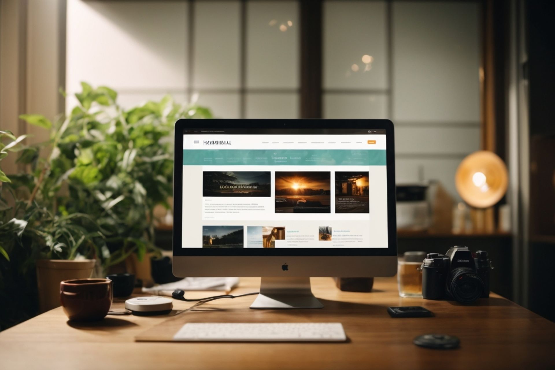 Computadora de escritorio sobre un escritorio de madera que muestra un sitio web con fotos del atardecer; cámara y plantas en la oficina en casa.