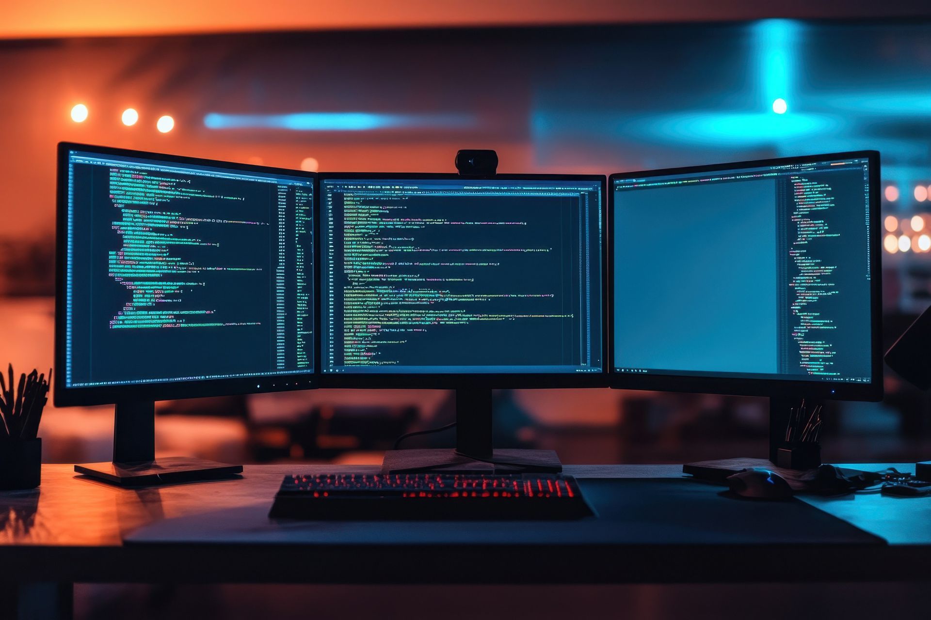 Pantalla triple que muestra líneas de código, un teclado iluminado en rojo y un escritorio poco iluminado.