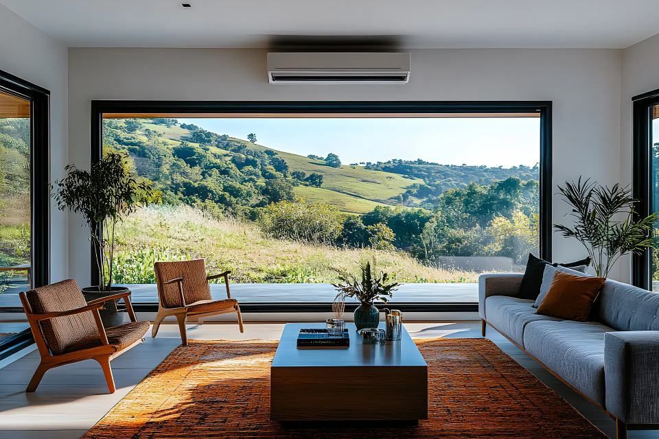 Salon avec baie vitrée donnant sur les collines verdoyantes, comprenant des fauteuils, un canapé, un tapis et une table basse.