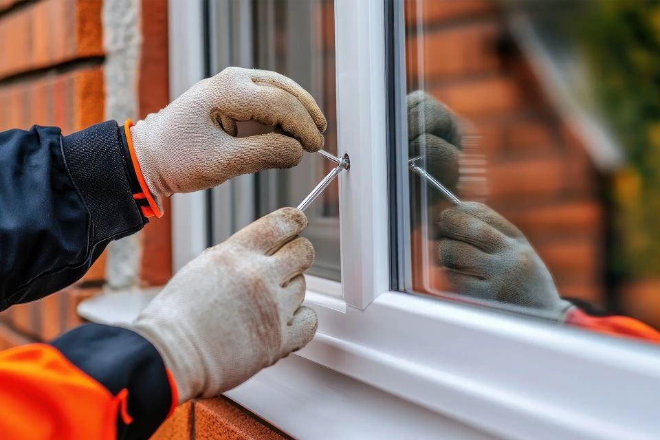 Une personne portant des gants répare une fenêtre à l'aide d'un petit outil, à l'extérieur.