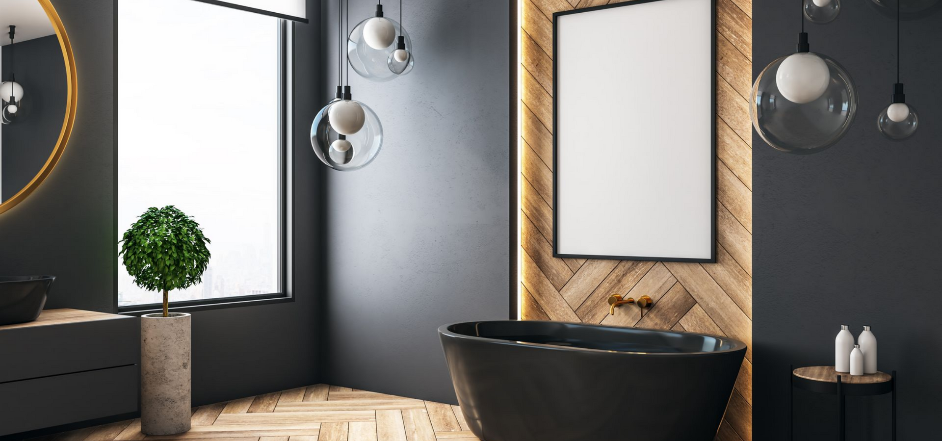 Une salle de bains aux murs noirs