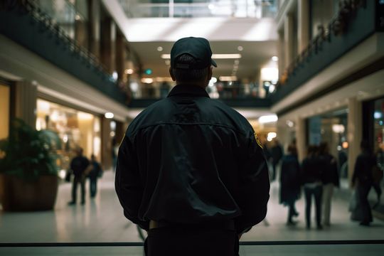 Agent de sécurité de dos dans un centre commercial