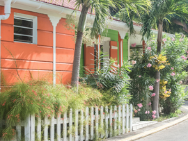 Maison orange aux boiseries blanches, végétation tropicale luxuriante et clôture blanche le long d'une rue sinueuse