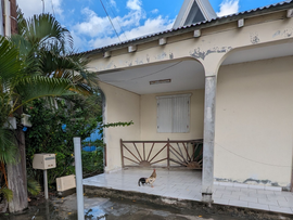 Porche d'une maison blanche à la peinture écaillée, un palmier et un coq sur la terrasse.