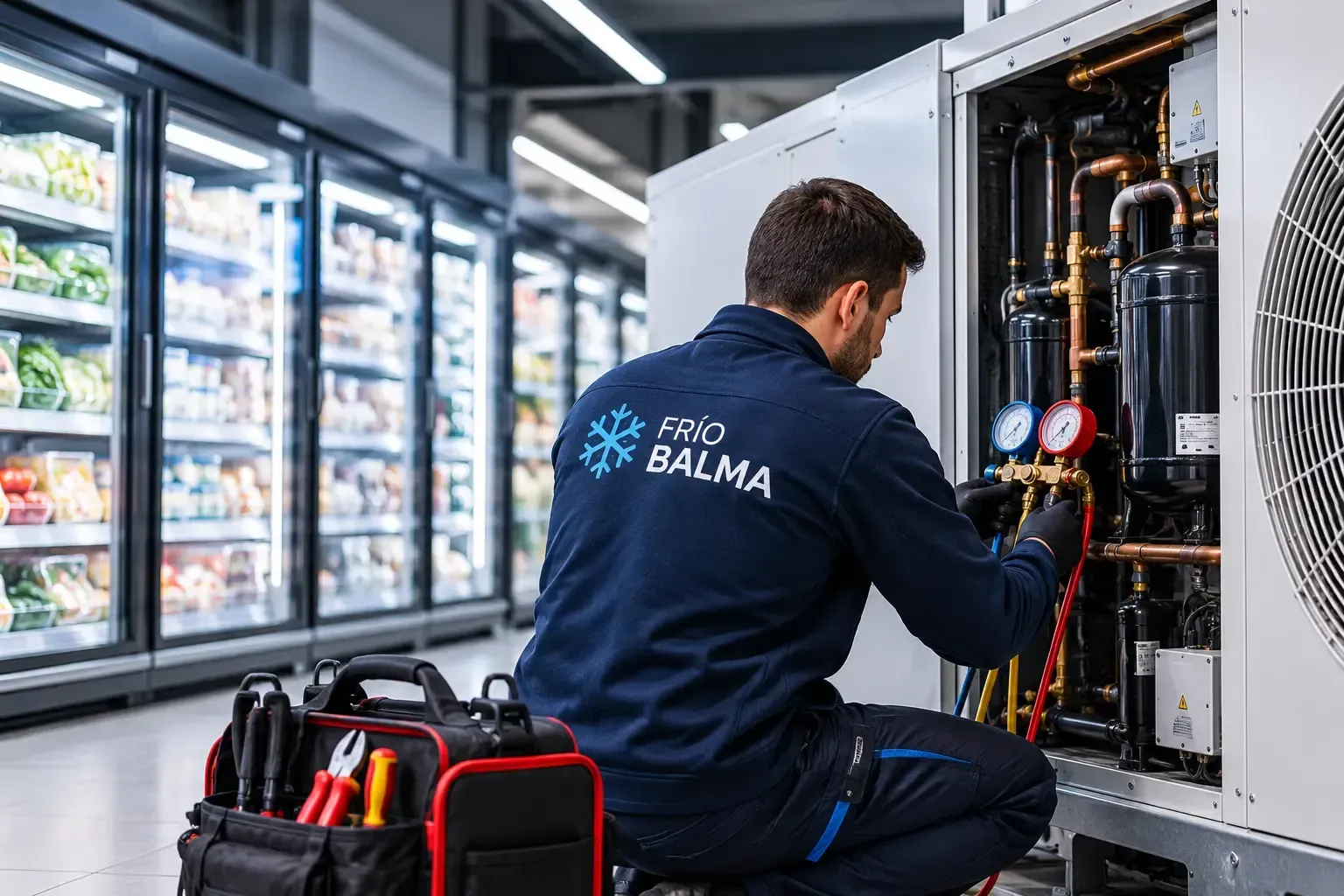 Un técnico con chaqueta azul inspecciona equipos de refrigeración en un pasillo de una cámara frigorífica
