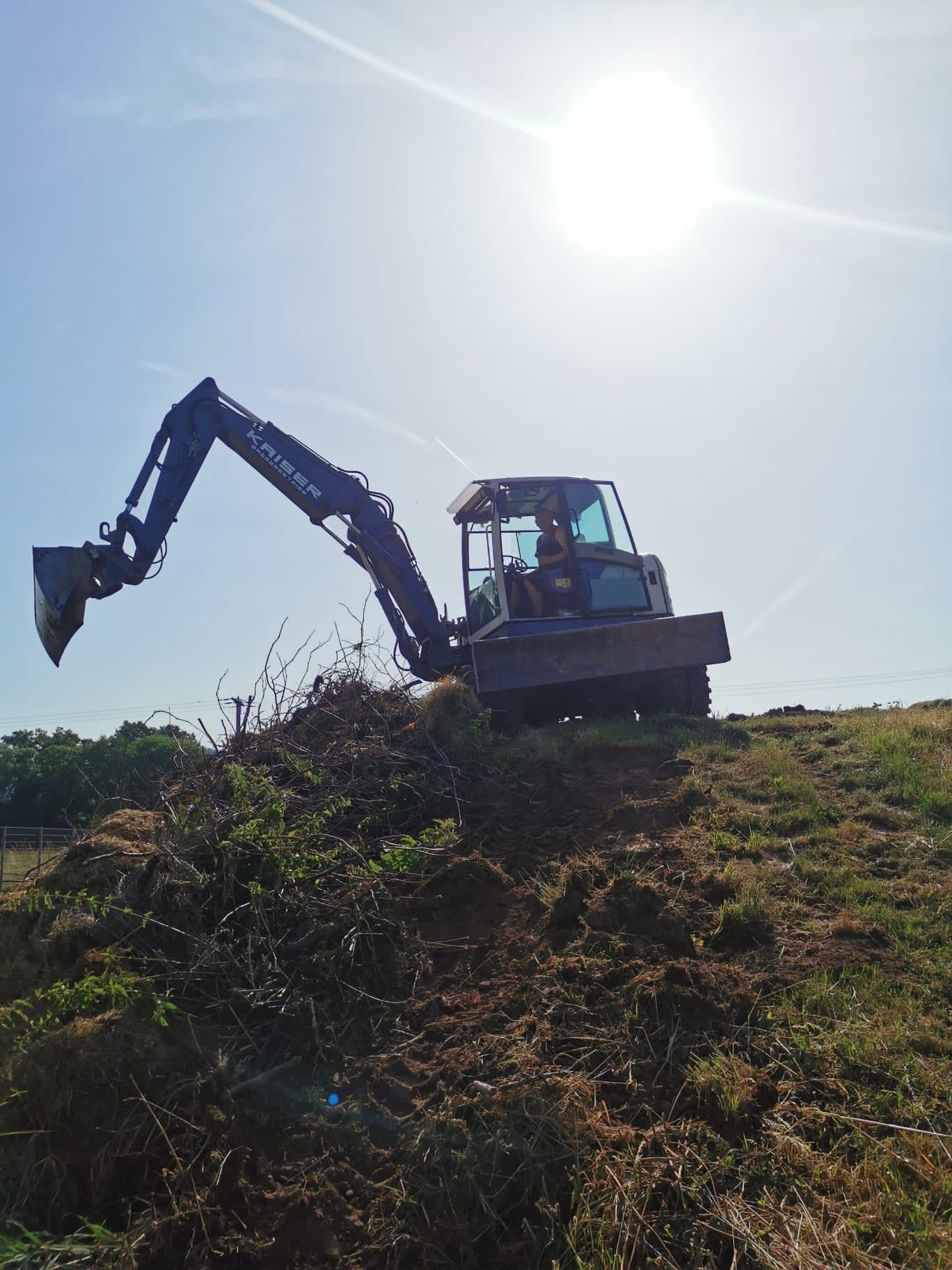 Großer gelber Bagger auf einer Baustelle beim Bewegen von Sand und Erdreich, umgeben von grüner Natur.
