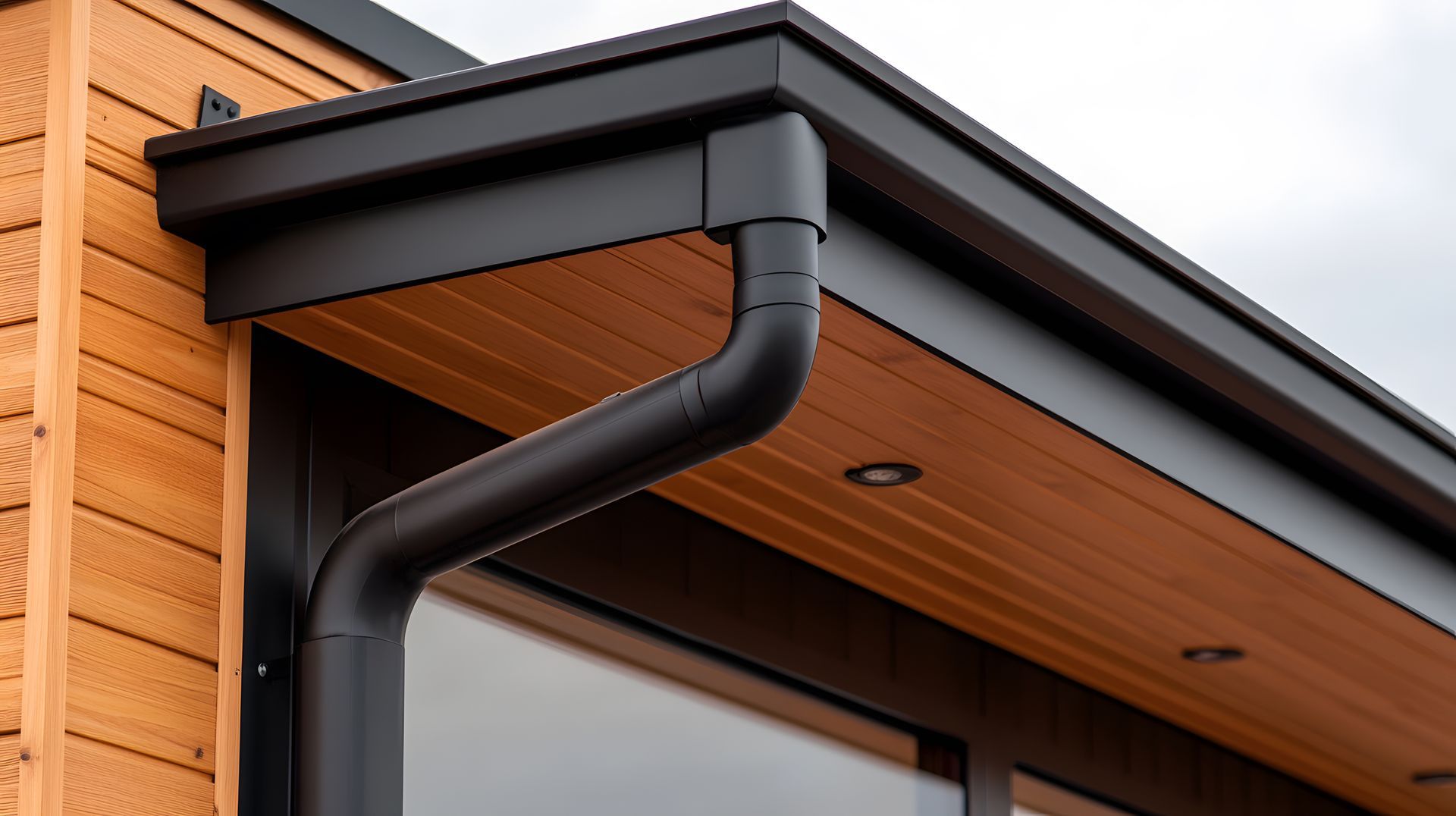 Gouttière noire fixée à un bâtiment en bois.