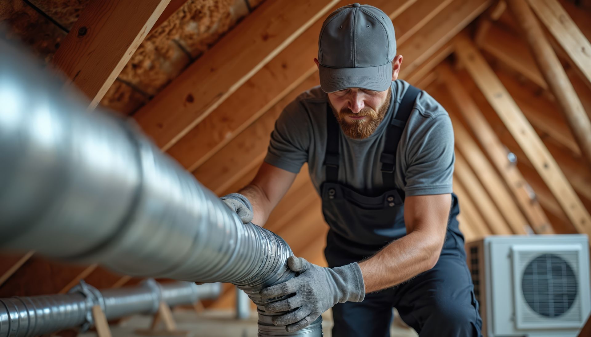Un technicien en ventilation, installe des conduits de ventilation dans un grenier, concentré et attentif.