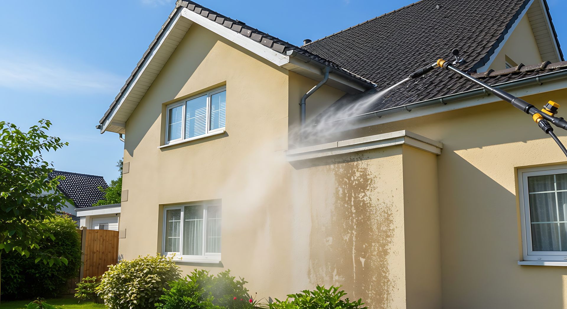 Lavé à haute pression sur la maison ; l'eau ruisselle sur la façade beige, par une journée ensoleillée.