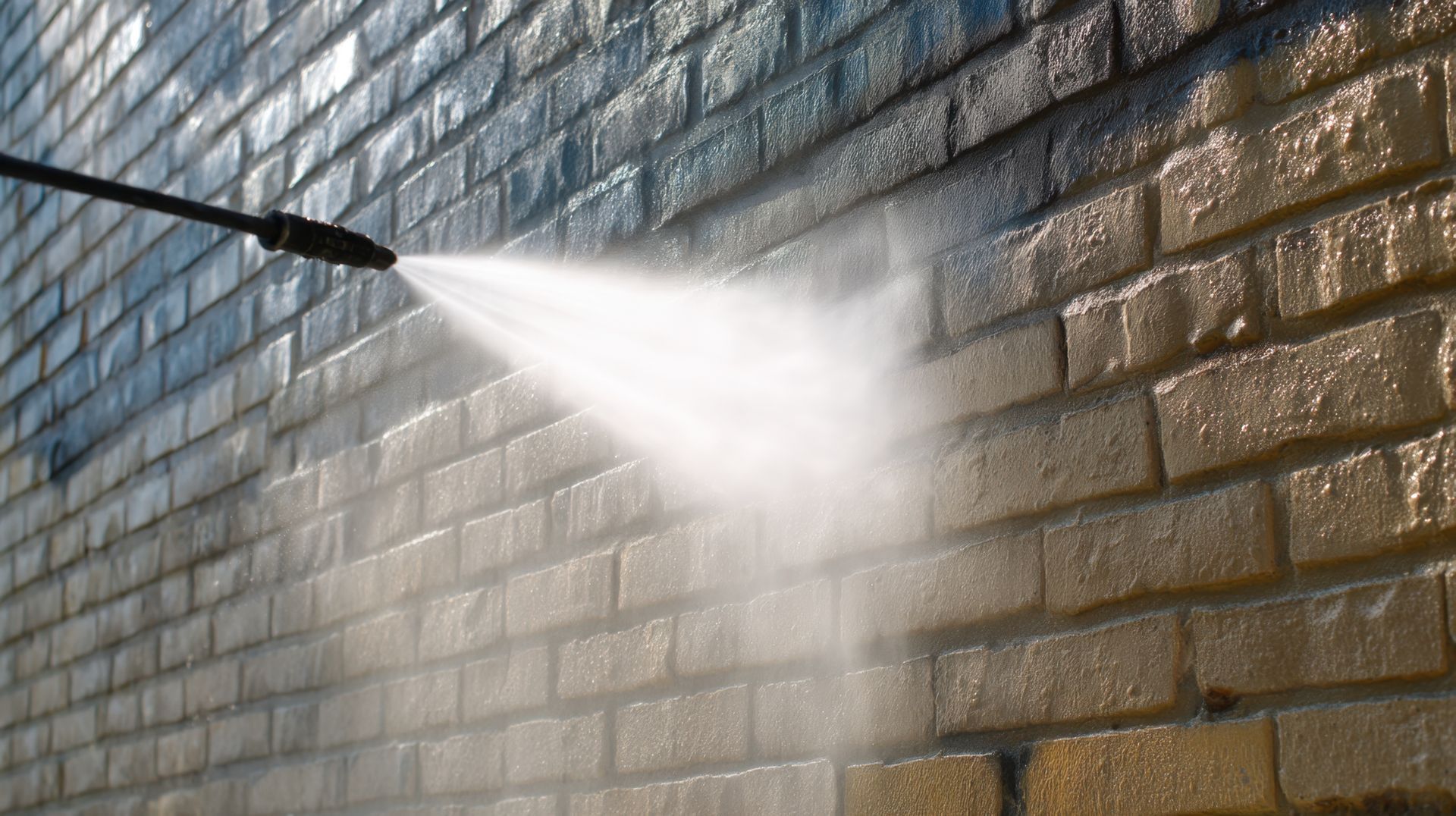 La buse d'un nettoyeur haute pression projette un puissant jet d'eau contre un mur de briques
