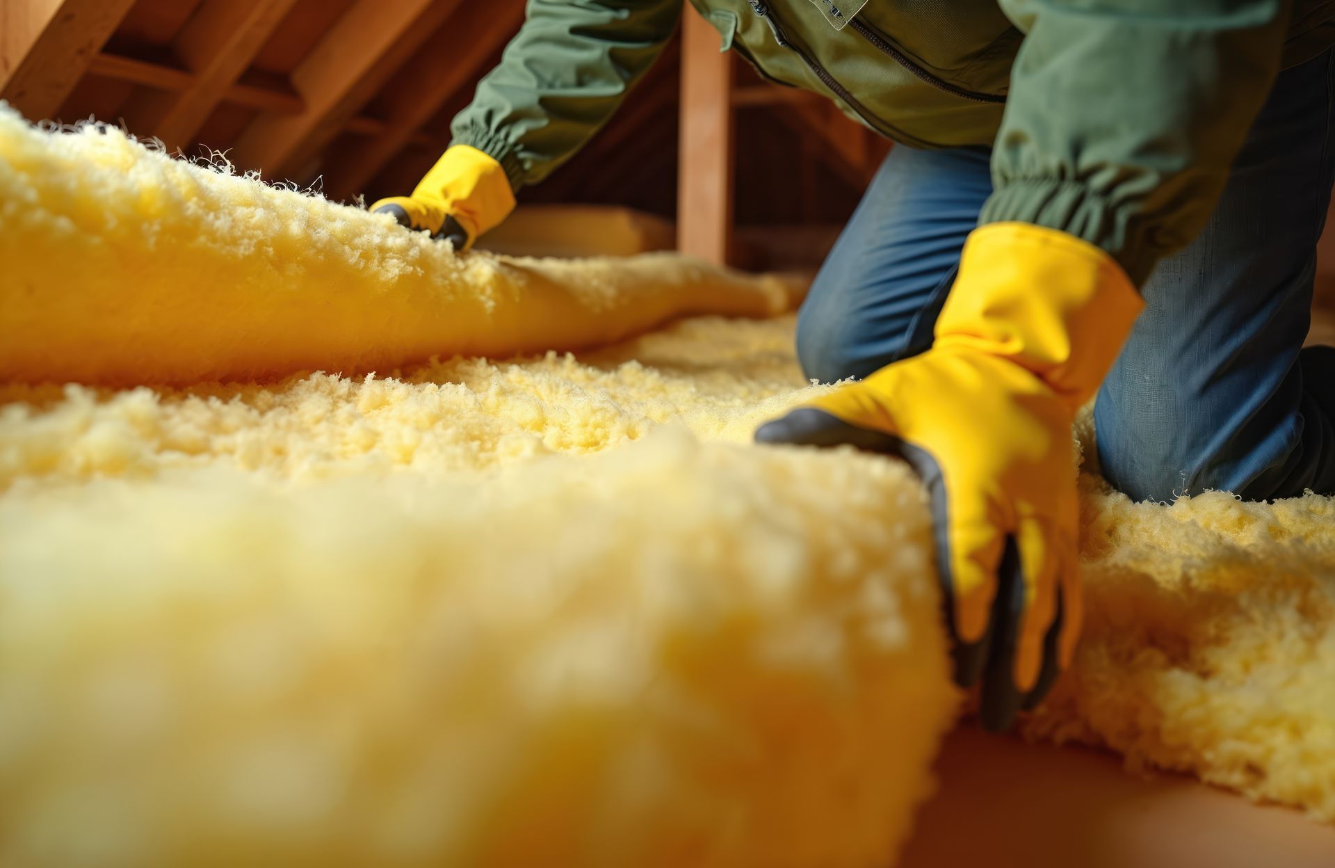Une personne installe de l'isolant jaune dans un grenier, portant des gants et une veste.