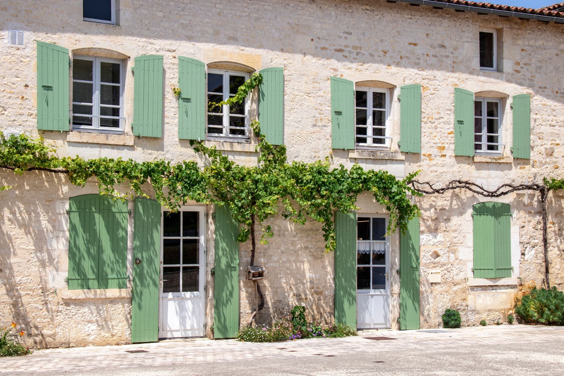 Maison en pierre avec des volets verts, des portes blanches et des vignes grimpantes.