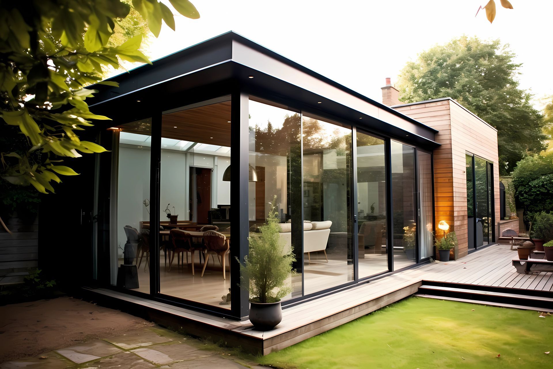 Extension de maison moderne aux parois de verre, avec une structure noire et un toit plat, donnant sur une pelouse.