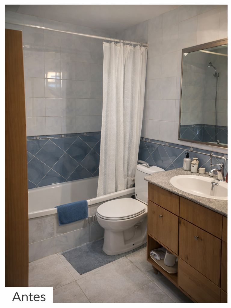 Baño con diseño de azulejos azules y blancos, tocador de madera, inodoro y bañera.