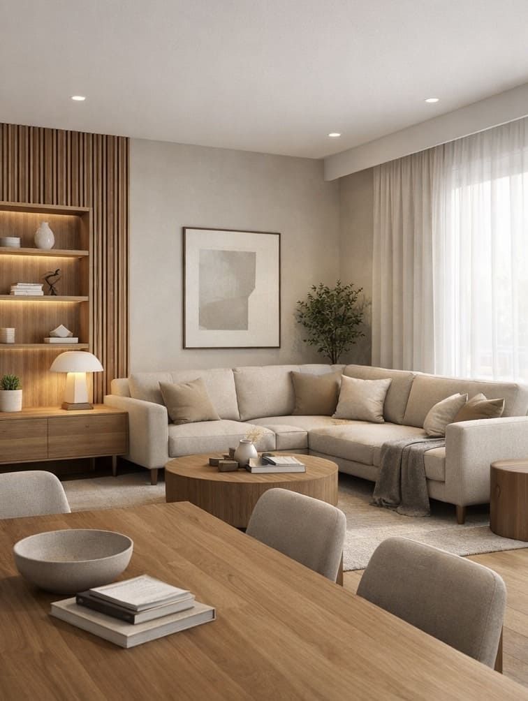Sala de estar moderna con sofá seccional, mesa de madera, estantes, tonos neutros.