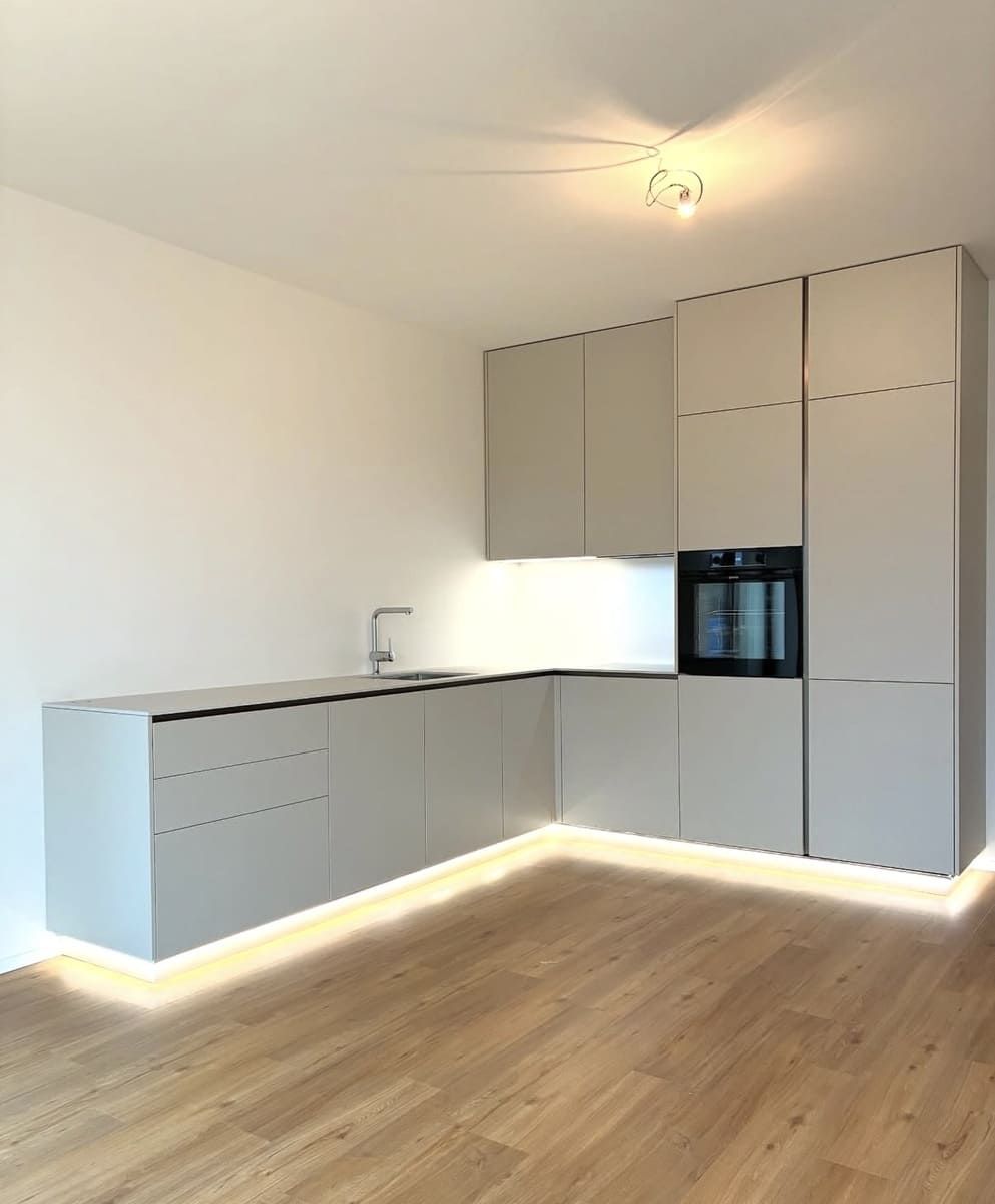 Cocina gris moderna con electrodomésticos integrados, iluminación empotrada y pisos de madera clara.