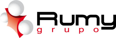 Logotipo de Rumy Grupo, con esferas y forma abstracta de color rojo junto a un texto negro en negrita y un texto rojo "grupo".